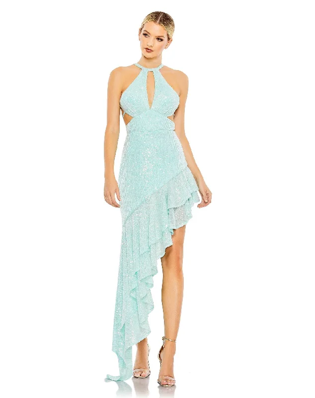 Sequined Halter Cut Out Ruffle Asymmetrical Dress