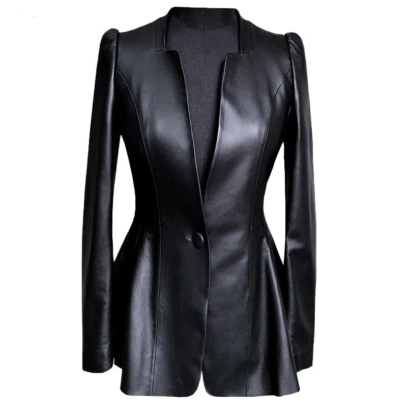 Autumn Black Slim Soft Pu Leather Jacket Women Deep V Neck