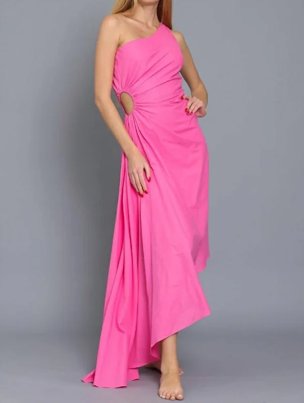 One Shoulder Cut-Out Midi Dress In Pink