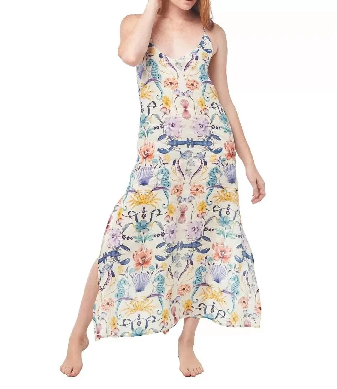 Frida Linen Slip Dress In Seahorses & Friends Ecru