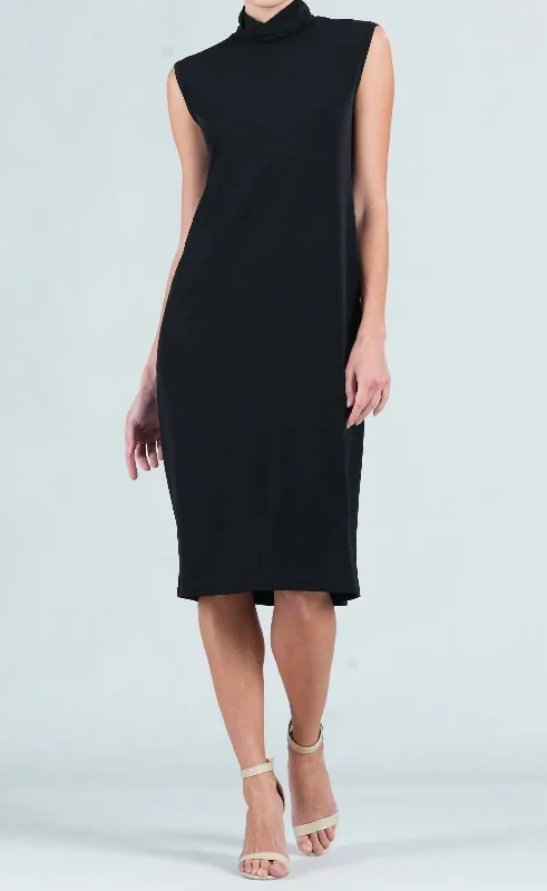 Mock Neck Midi Sheath Dress In Black