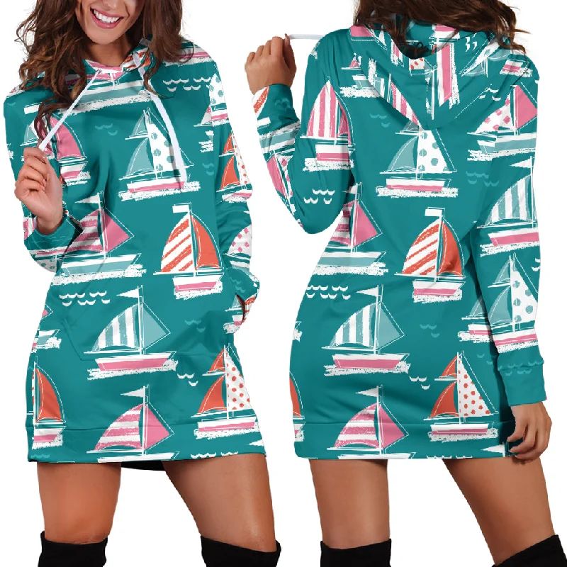 Cute Sailboat Pattern Women'S Hoodie Dress