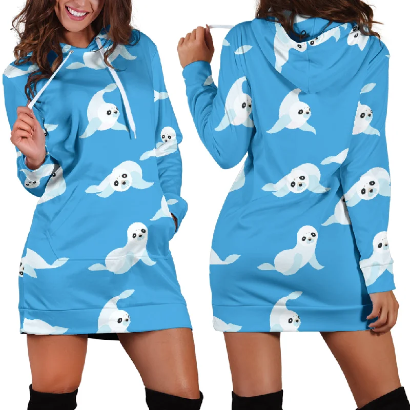 Cute Sea Lion Seal Pattern Background Women'S Hoodie Dress