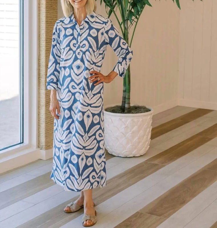 Sara Ikat Long Tunic Dress In Blue