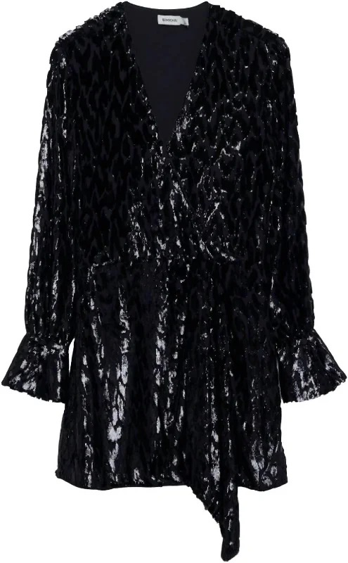 Women's Long Sleeve Metallic Jacquard Mini Dress In Black