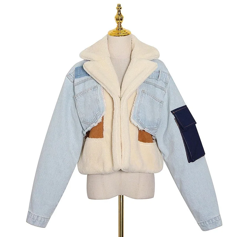 Patchowrk Lambswool Denim Jacket For Women Lapel Long