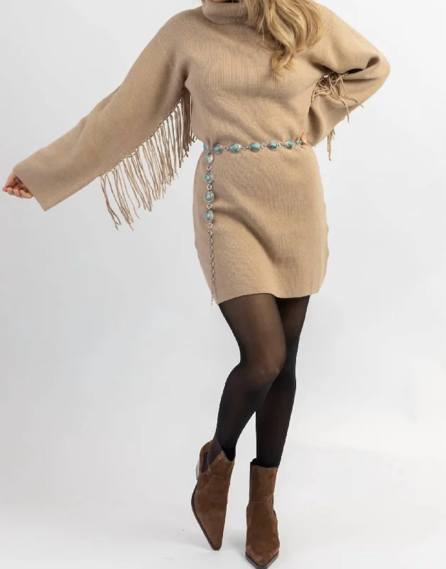 Charley Fringed Sweater Dress In Tan