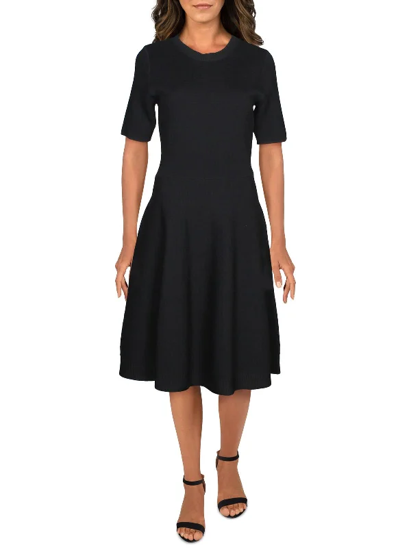 Womens Ribbed Trim Textured Fit & Flare Dress