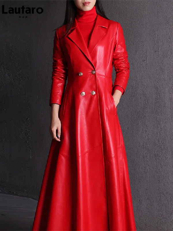 Autumn Long Skirted Red Black Faux Leather Trench Coat for Women