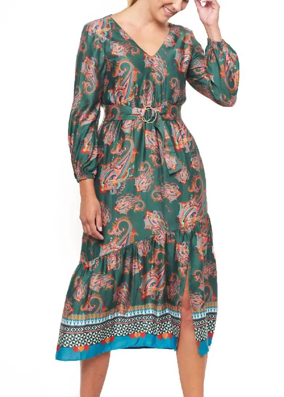 Paisley Midi Dress In Green Multi