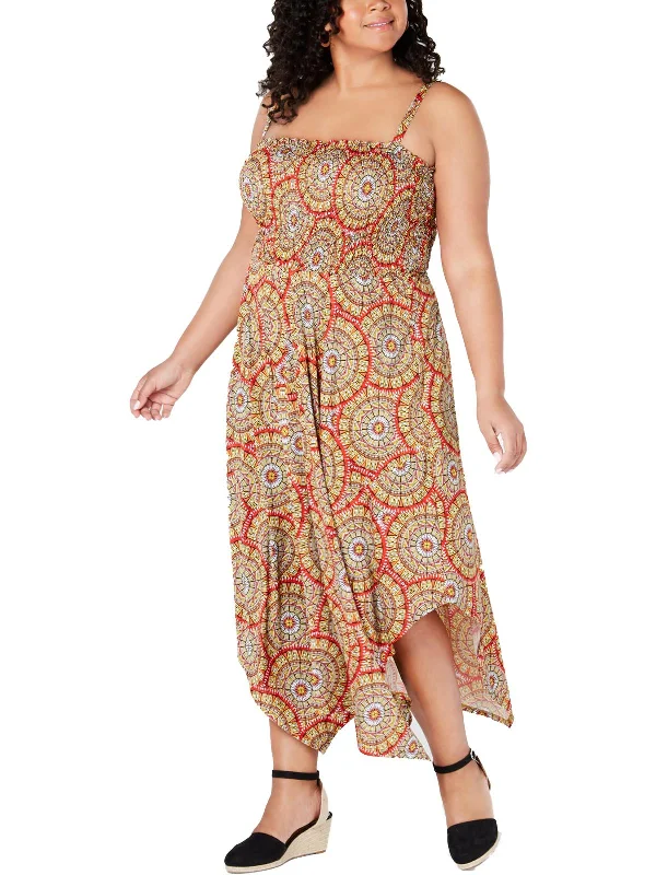 Plus Womens Smocked Printed Maxi Dress