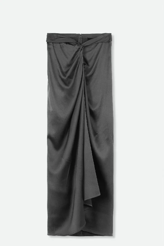 SANAA SARONG SKIRT IN STRETCH SILK CHARMEUSE IN GUNMETAL SILVER