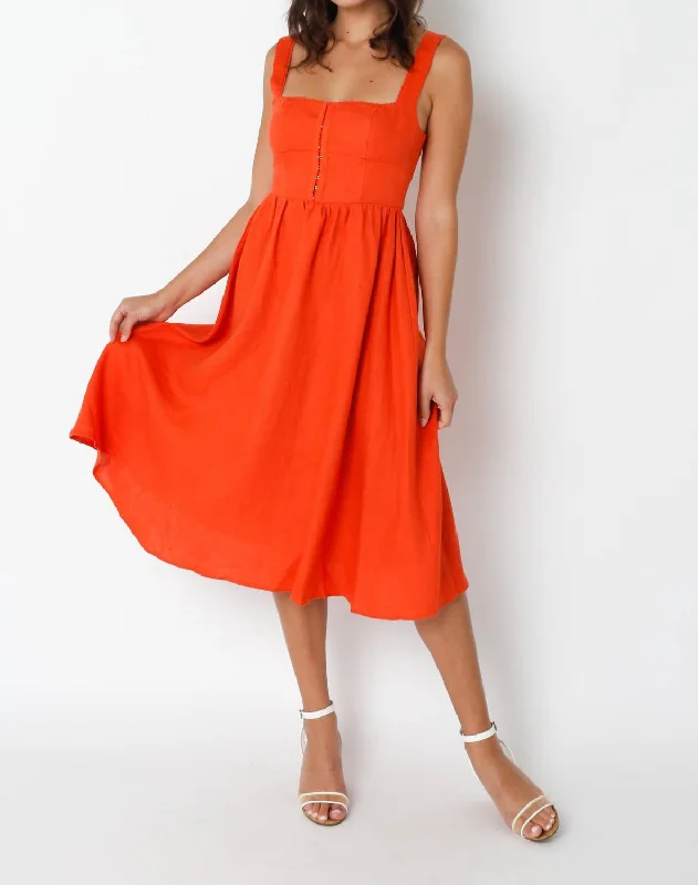 Square Neck Linen Midi Dress In Orange