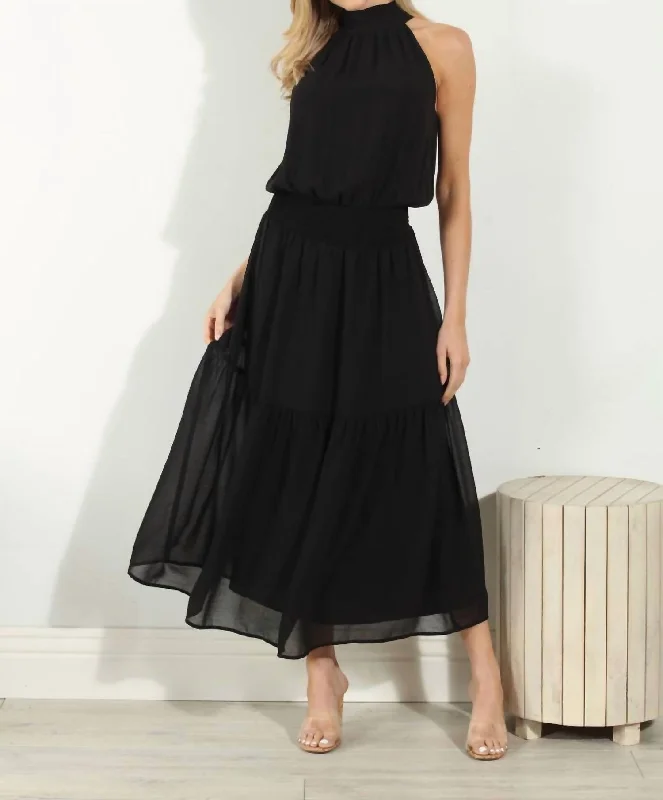 Chiffon Smocked Halter Maxi In Black