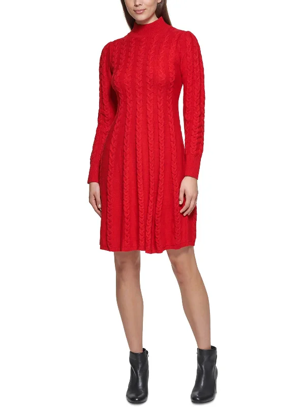 Petites Womens Cable Knit Mock Neck Sweaterdress