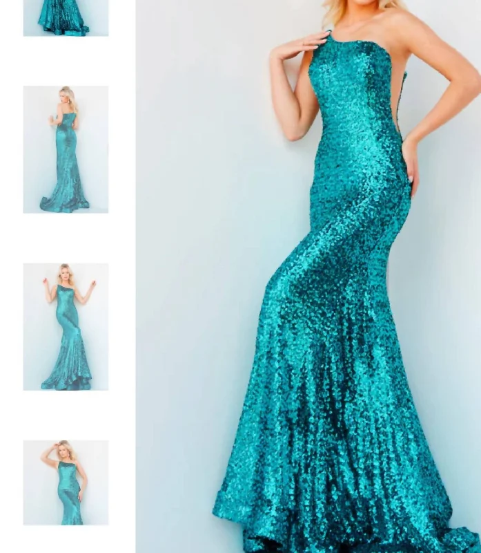 Sequin One Shoulder In Turquoise