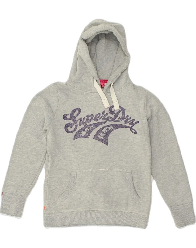 SUPERDRY Womens Graphic Hoodie Jumper UK 14 Medium Grey Cotton