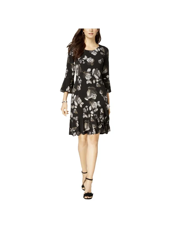 Womens Floral Print Bell Sleeves Wear to Work Dress