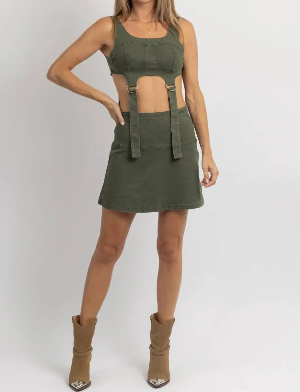 Front Buckle Denim Mini Dress In Rebel Olive