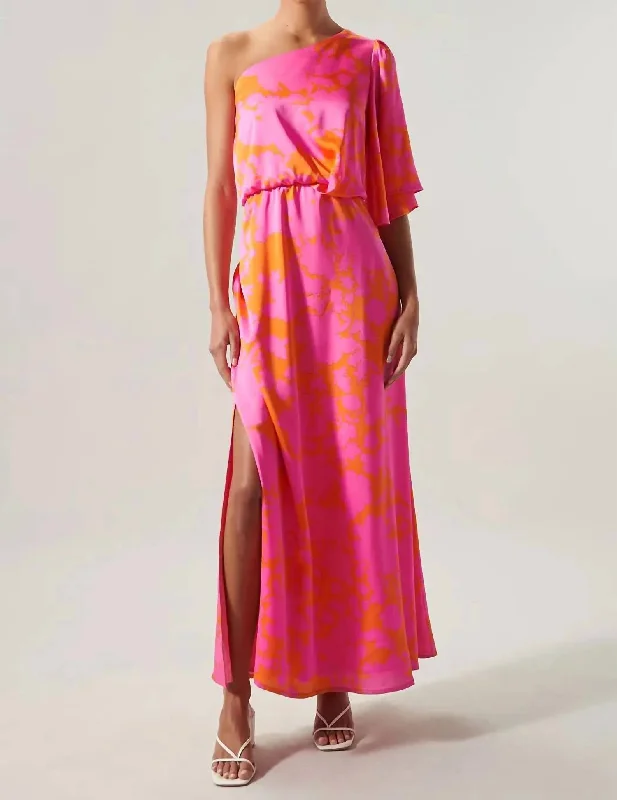 On My Mind One Shoulder Dress In Pink And Orange