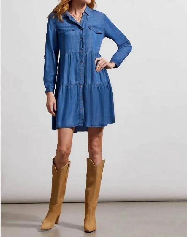 Chambray Roll-Sleeve Shirt Dress In Indigo