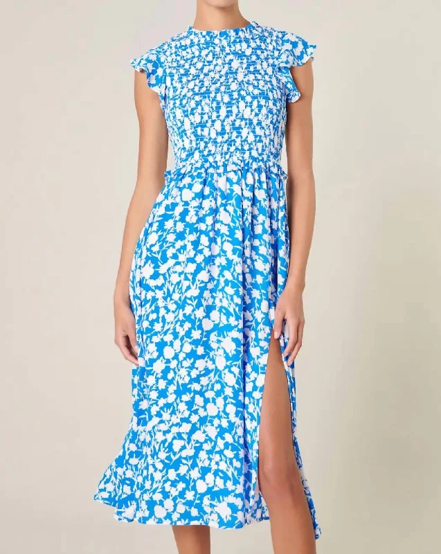 Promise Keeper Smocked Floral Midi Dress In Blue And Ivory