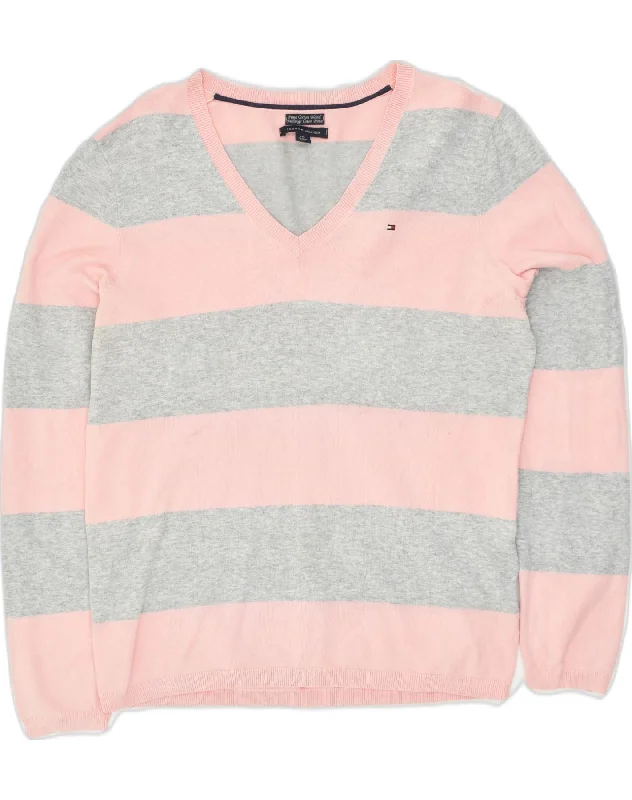 TOMMY HILFIGER Womens V-Neck Jumper Sweater UK 14 Large Pink Striped