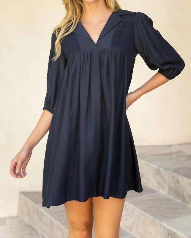 Smocking Detail Wide Collar Dress In Navy