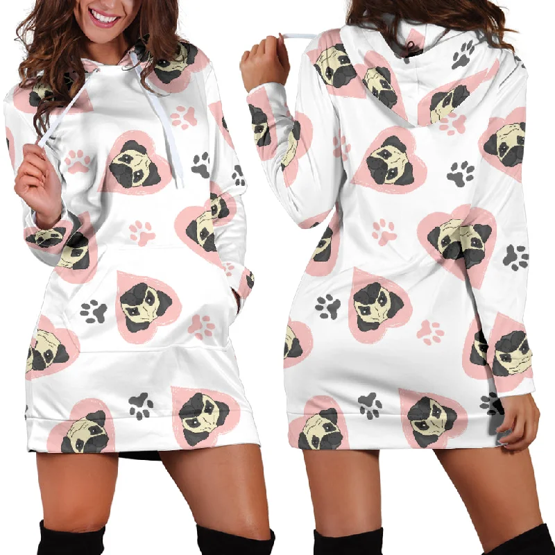 Cute Pugs Pink Heart Paw Pattern Women'S Hoodie Dress