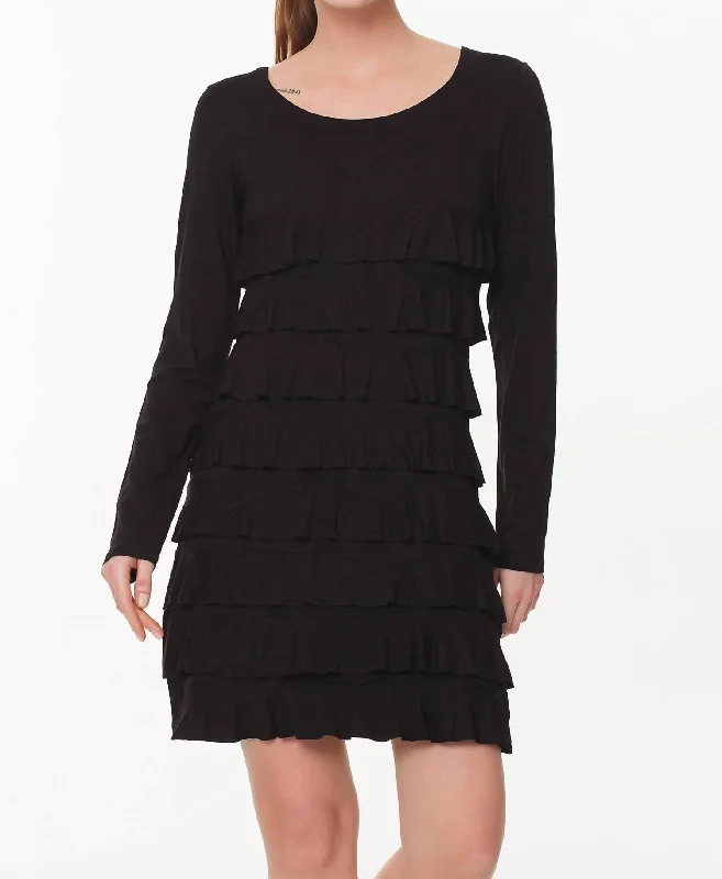 Layered Ruffle Long Sleeve Dress In Black Mesh