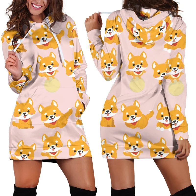 Cute Shiba Inu Dog Pattern  Women'S Hoodie Dress