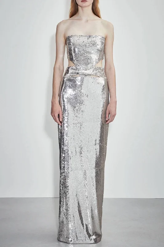 Strapless Sequin Cutout Gown In Silver