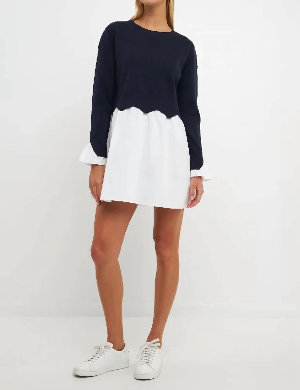 Scalloped Knit Poplin Combo Dress In Navy/white