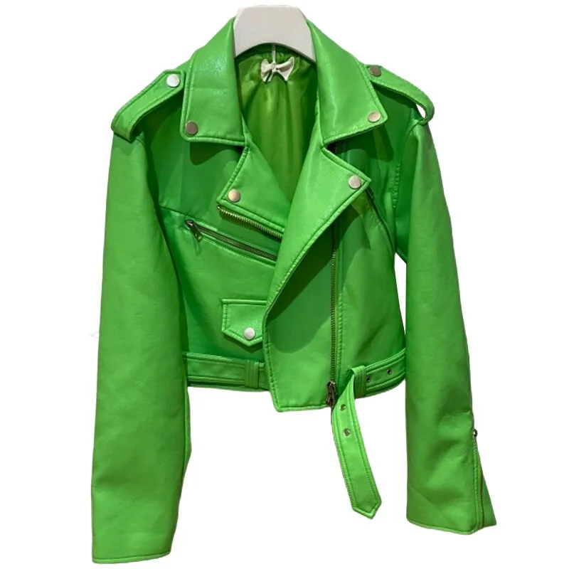 Short Green Gecko Biker Leather Jacket Long Sleeve Zipper