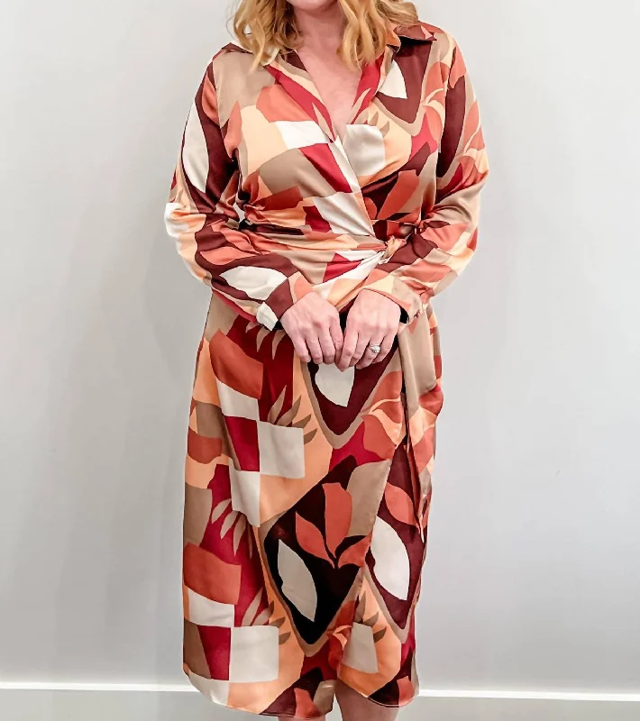 The Right Fit Geometric Midi Wrap Dress In Autumn Leaves